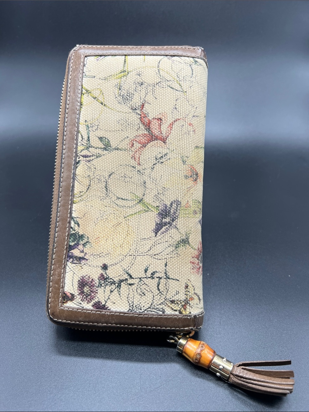 Gucci Floral Print Zip Around Wallet Canvas Leather Italy Authentic Vintage